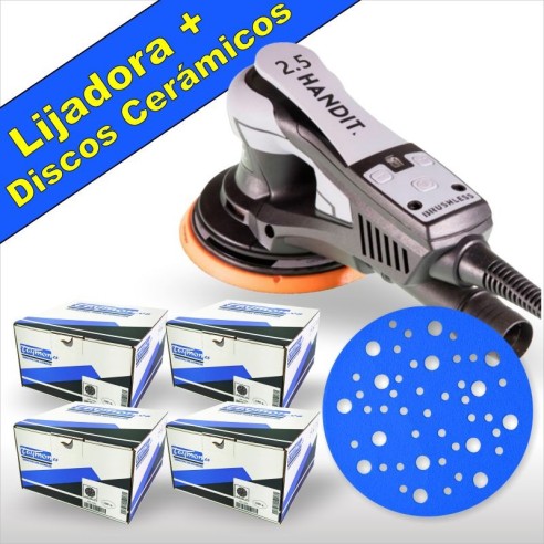 Promoción Lijadora HANDIT Brushless 350W 150mm 2,5mm y Cuatro Cajas de Discos Cerámicos