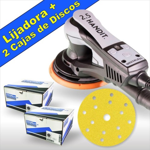 Promoción Lijadora HANDIT Brushless 350W 150mm 2,5mm y Dos Cajas de Discos Abrasivos.