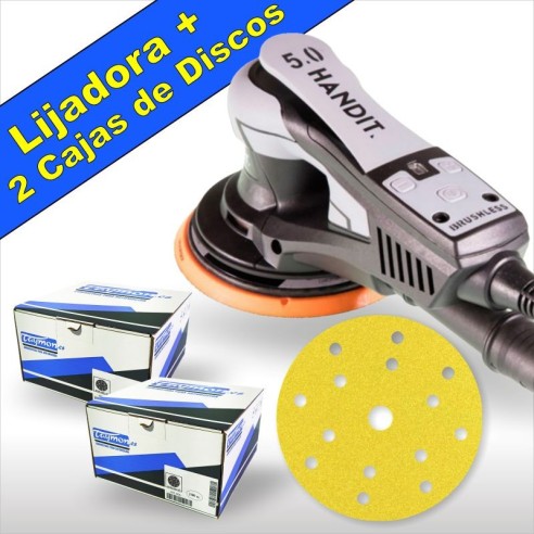 Promoción Lijadora HANDIT Brushless 350W 150mm 5mm y Dos Cajas de Discos Abrasivos.