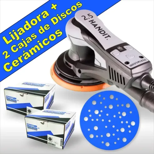 Promoción Lijadora HANDIT Brushless 350W 150mm 2,5mm y Dos Cajas de Discos Cerámicos