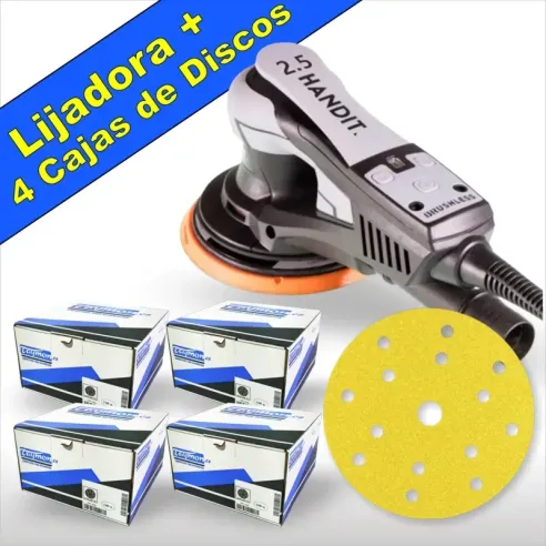 Promoción Lijadora HANDIT Brushless 350W 150mm 2,5mm y Cuatro Cajas de Discos Abrasivos.