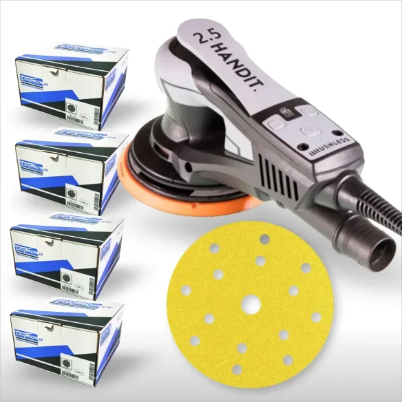 Promoción Lijadora HANDIT Brushless 350W 150mm 2,5mm y Cuatro Cajas de Discos Abrasivos.